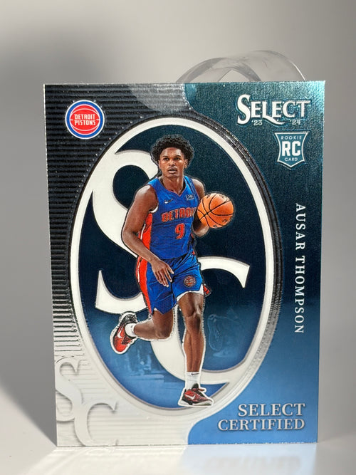 Basketball trading card of Ausar Thompson on a gray background