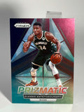 Basketball trading card featuring a player in a black jersey with the number 34, held by a Prizm brand.