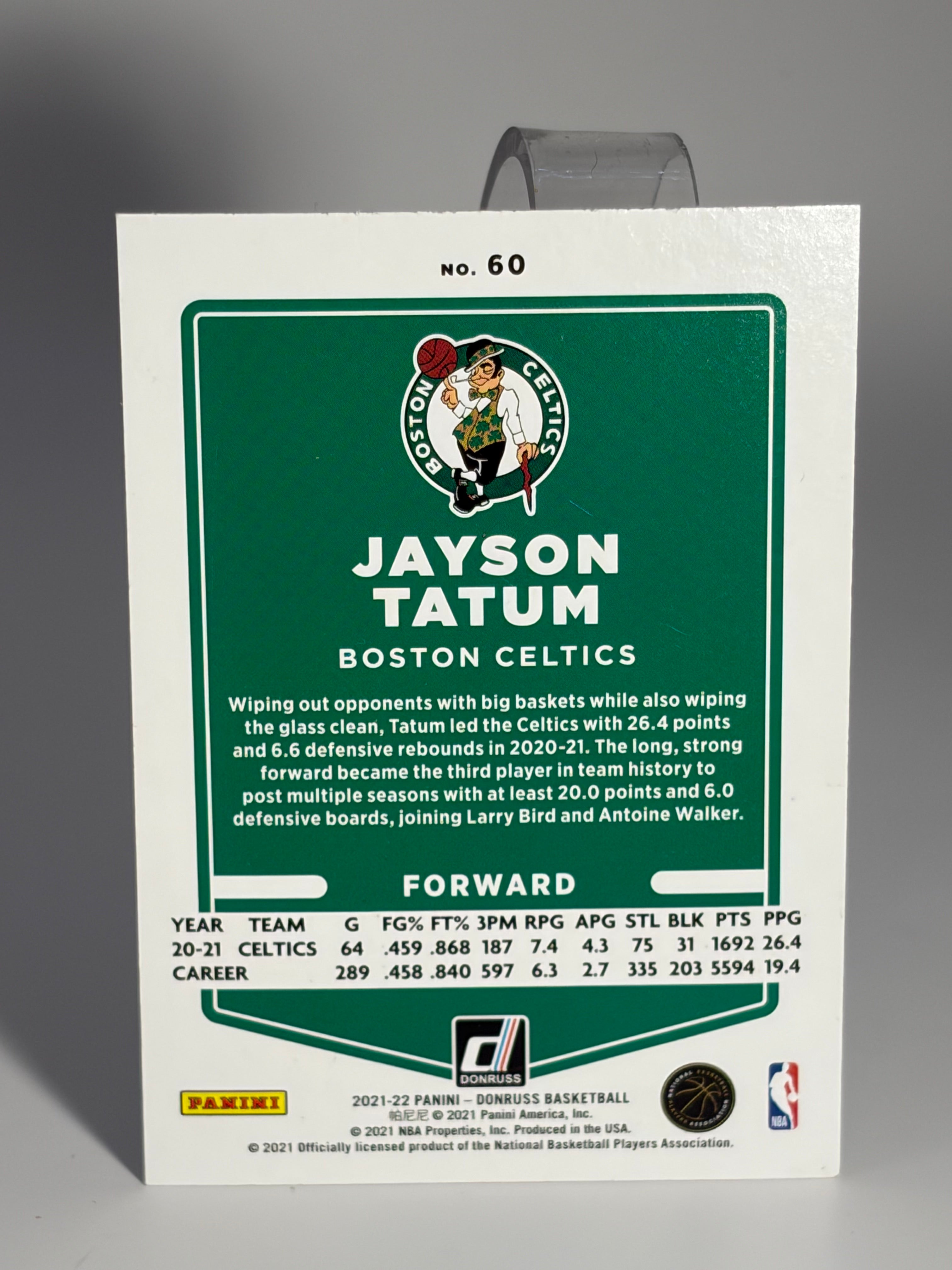 Basketball trading card of Jayson Tatum for the Boston Celtics on a white background