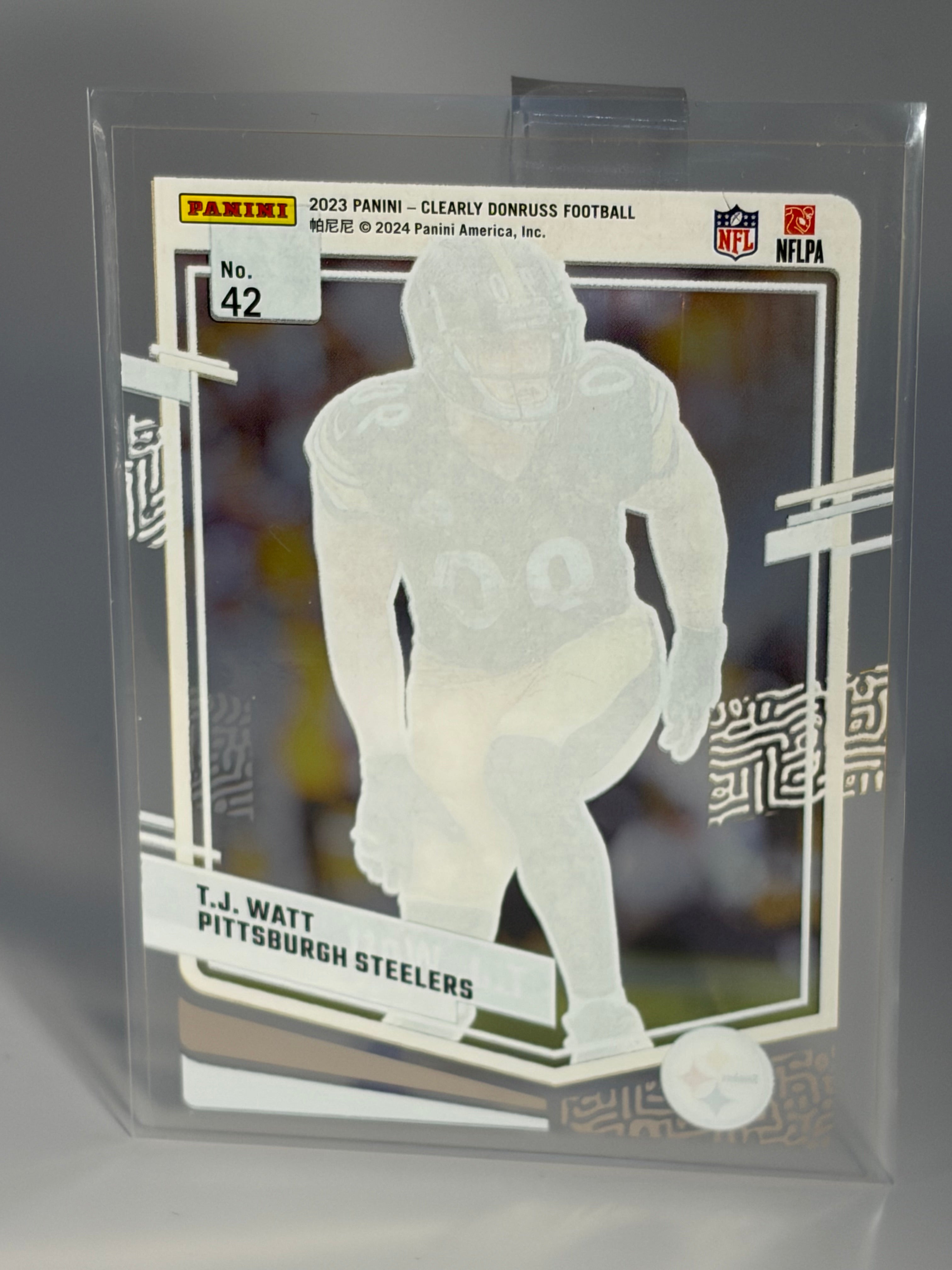 Trading card of a football player in a clear protective sleeve